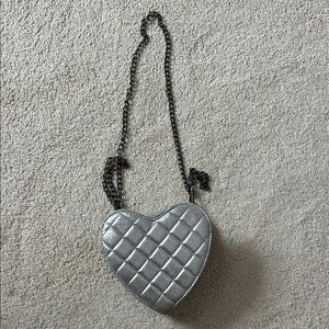 Silver Quilted Heart-Shaped Crossbody Bag